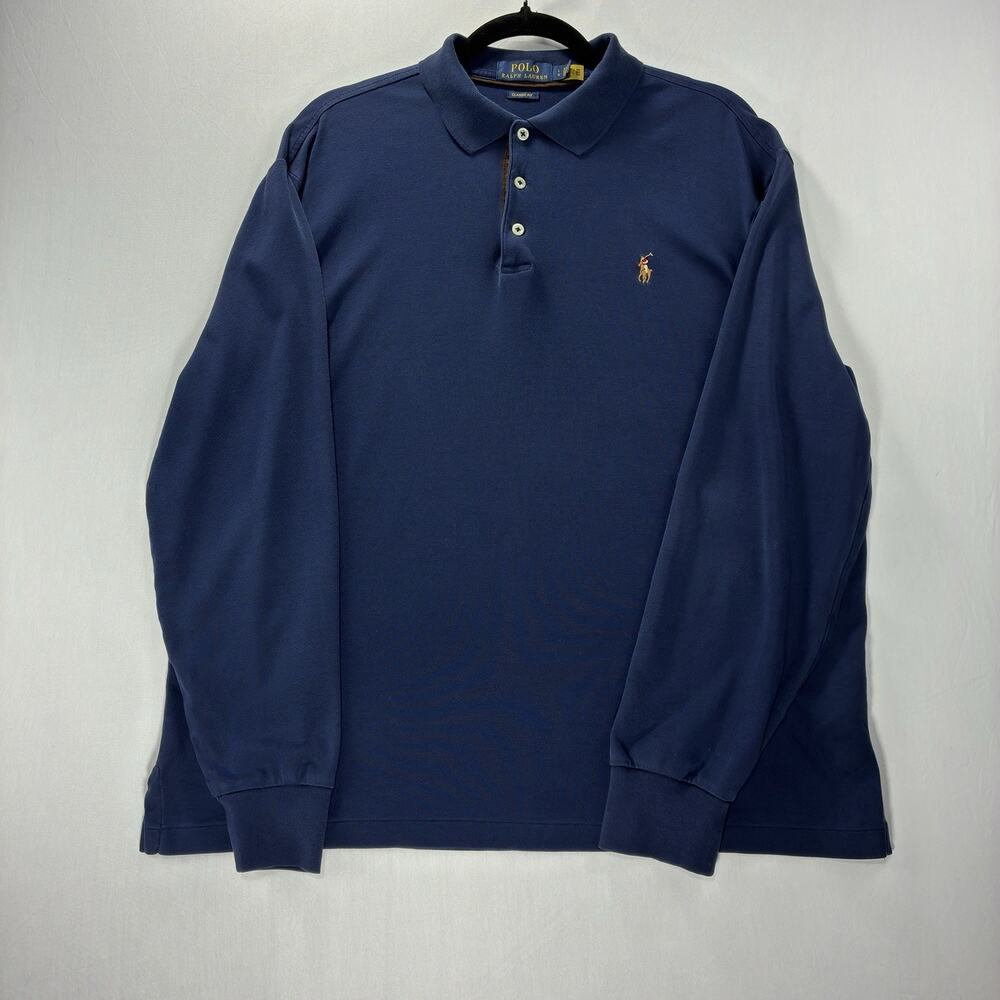 Polo Ralph Lauren Mens L Navy Blue Long Sleeve Polo Shirt Classic Fit Cotton